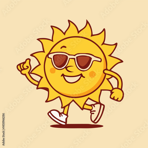 Smiling sun character with sunglasses is walking and giving a thumbs up in yellow tone