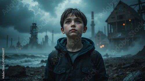Young boy feeling hopeless in a materialist  world overshadowed by industrial pollution and the looming threats of climate change, rising seas, and environmental degradation