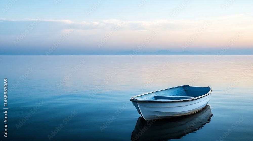 Serene sunset scene featuring a small, white rowboat gently bobbing on calm, blue water, with a hazy mountain range visible on the horizon. : Generative AI Serene sunset scene featuring a small, white rowboat gently bobbing on calm, blue water, with a hazy mountain range visible on the horizon. : Generative AI