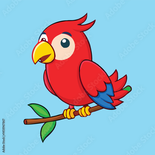 Cute scarlet macaw perched peacefully on a twig, showcasing vibrant plumage and playful charm