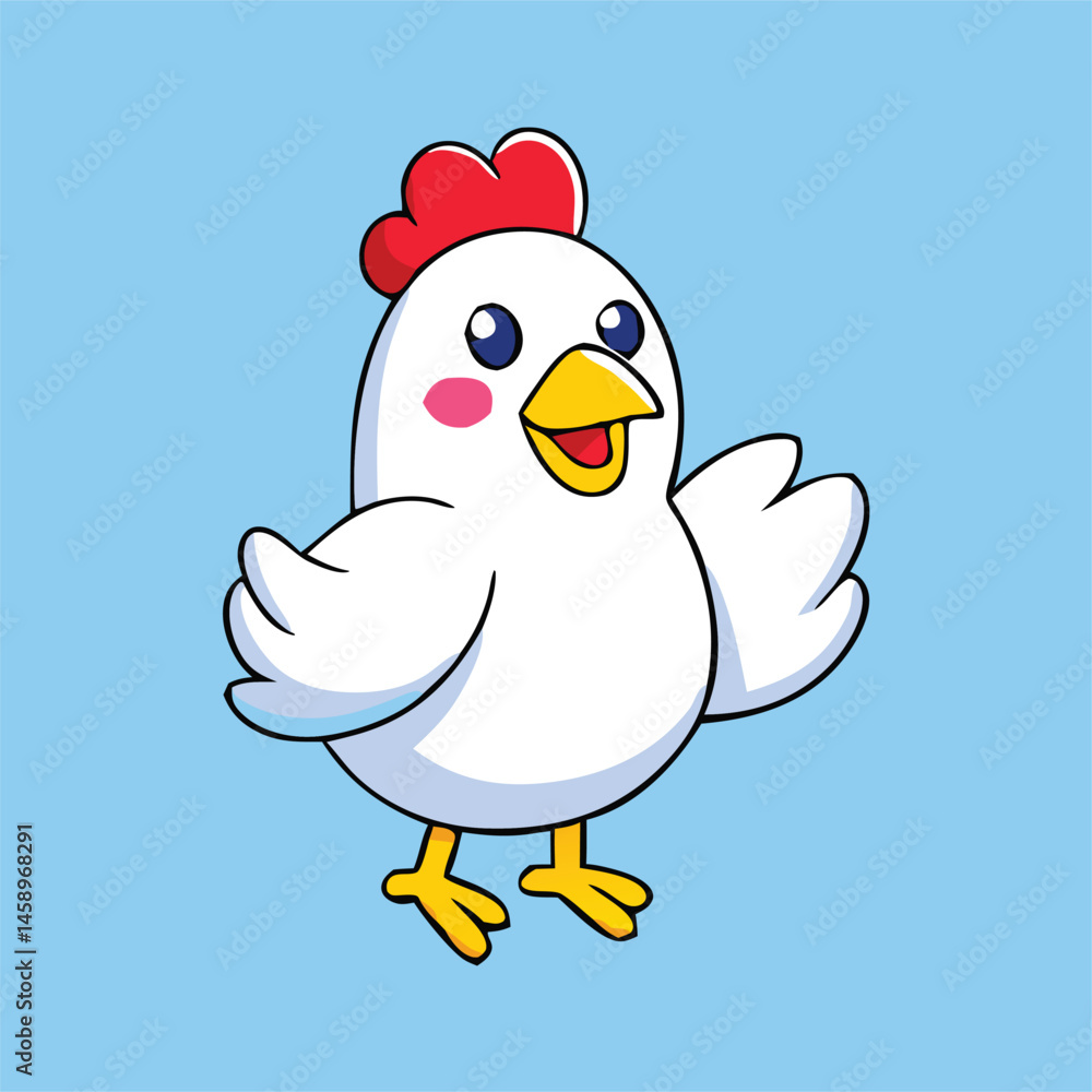 Cheerful cartoon chicken with blush and red crest is waving on blue background Cheerful cartoon chicken with blush and red crest is waving on blue background