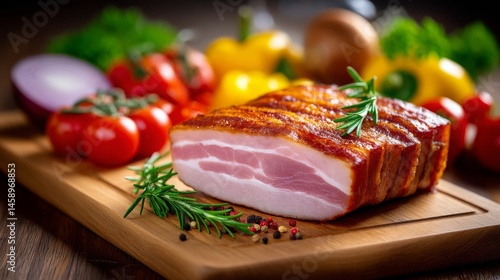 Freshly Sliced Bacon with Ingredients on Wooden Cutting Board