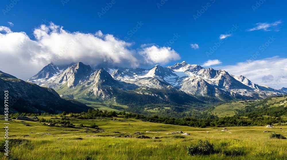 Majestic snow-capped mountain range under a vibrant blue sky, overlooking a serene green valley with lush meadows and scattered trees. : Generative AI Majestic snow-capped mountain range under a vibrant blue sky, overlooking a serene green valley with lush meadows and scattered trees. : Generative AI