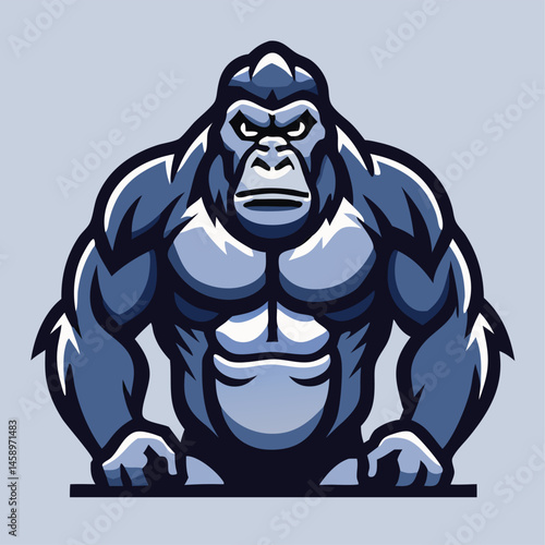 Muscular gorilla with an intense gaze confidently stands, showcasing power and solid posture