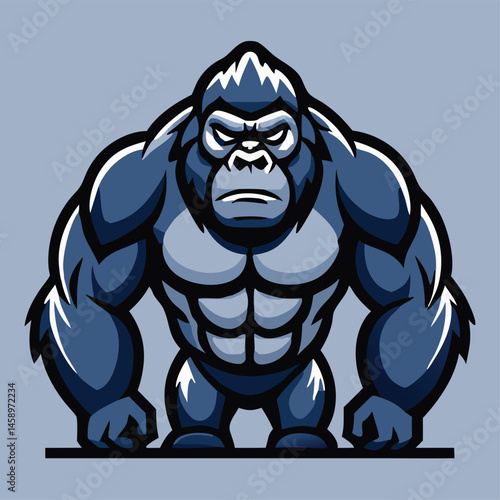 Imposing stylized gorilla powerfully stands against a light blue backdrop showing formidable strength and determination