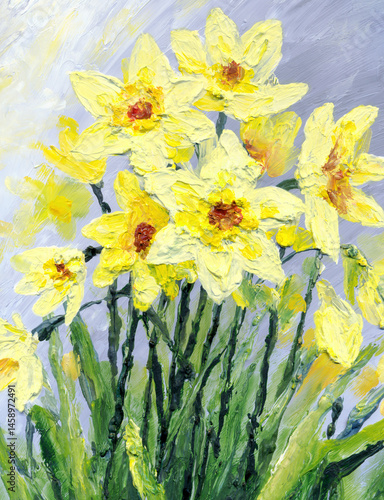 Oil painting. Yellow daffodils in the garden