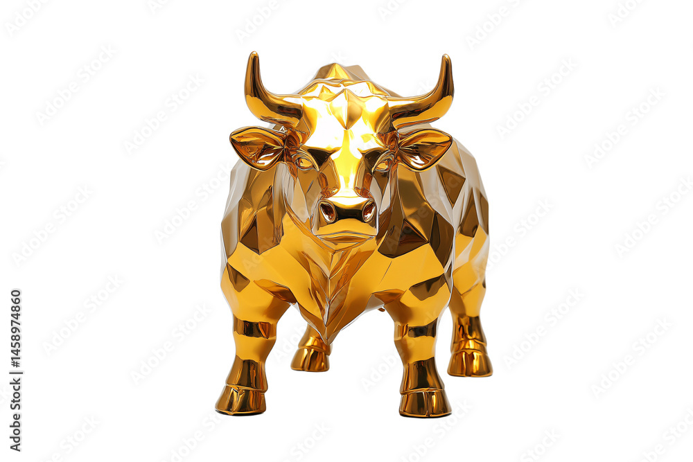 Modern geometric golden bull figure with smooth polygonal surfaces, gleaming highly under sharp lighting, isolated on a transparent background Modern geometric golden bull figure with smooth polygonal surfaces, gleaming highly under sharp lighting, isolated on a transparent background