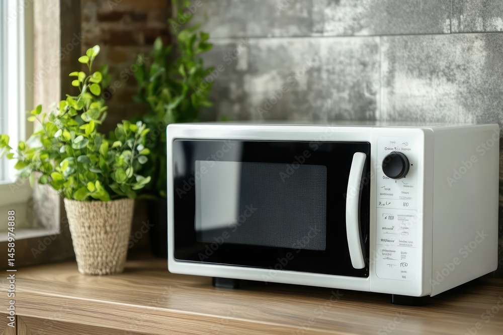 Fototapeta premium Minimalist modern microwave oven in clean kitchen interior