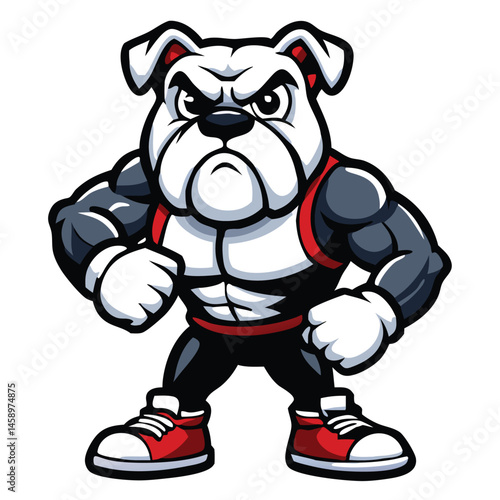 Cartoon bulldog character showcases muscular physique while posing assertively with red shoes on a white backdrop