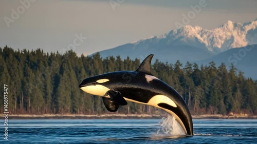 Majestic orca breaching the calm waters near snow-capped mountains at sunrise, showcasing nature's beauty