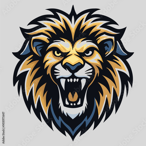 Cartoon lion head roars fiercely with detailed golden and dark fur mane
