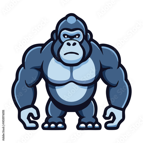 Muscular gorilla with a stern expression is standing firmly with a white background