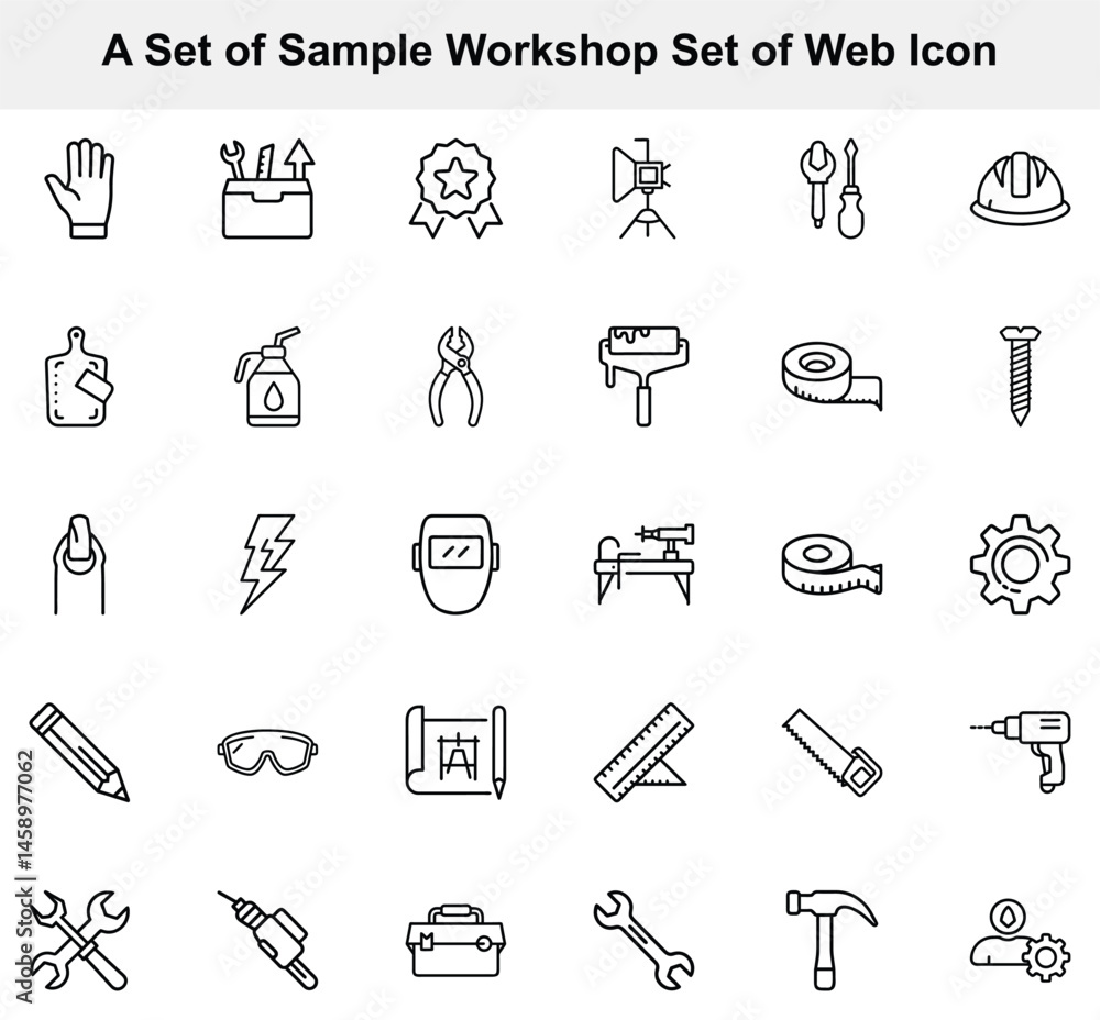 Outline icon set displays workshop tools on a white backdrop Outline icon set displays workshop tools on a white backdrop