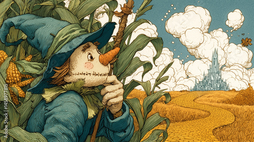 Scarecrow Watching the Emerald City Through Cornfields