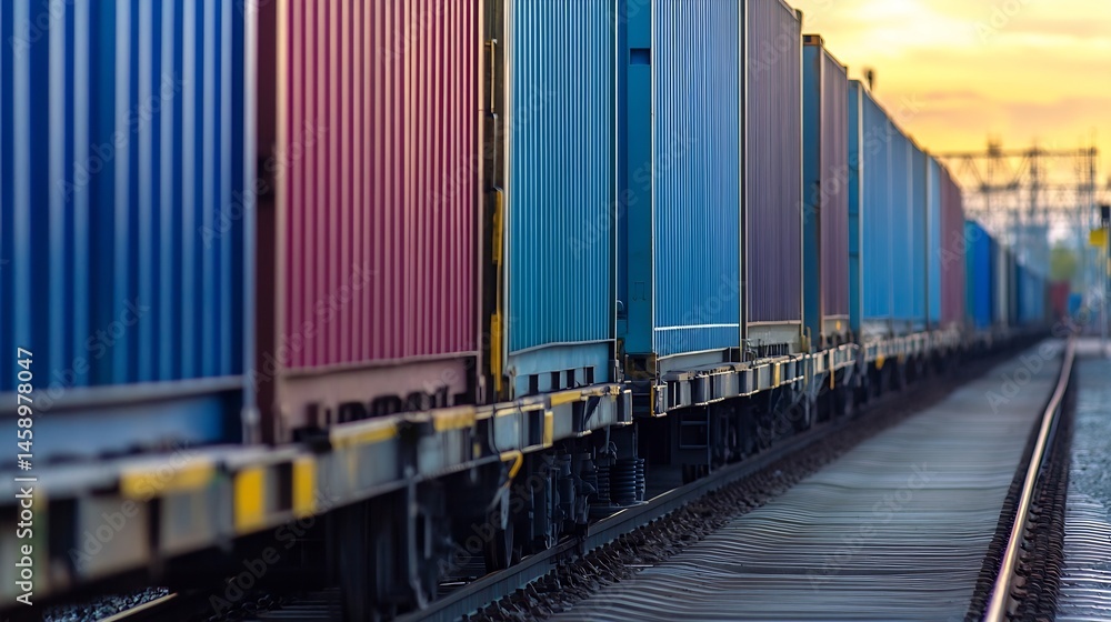 Obraz premium Freight train carrying colorful shipping containers at sunset, a close-up view of the train's side, showcasing the vibrant hues of the cargo containers against the warm, golden light. : Generative AI