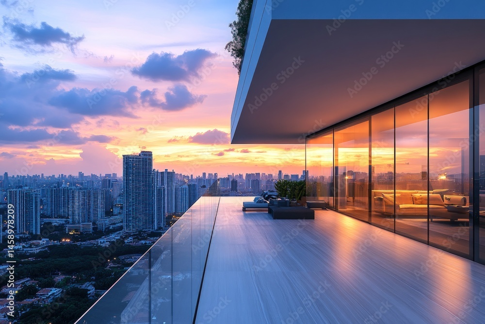 Rooftop terrace with city skyline sunset view Rooftop terrace with city skyline sunset view