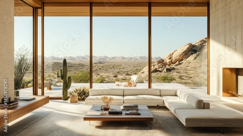 Desert Oasis: Modern Minimalist Living Room with Stunning Panoramic Views