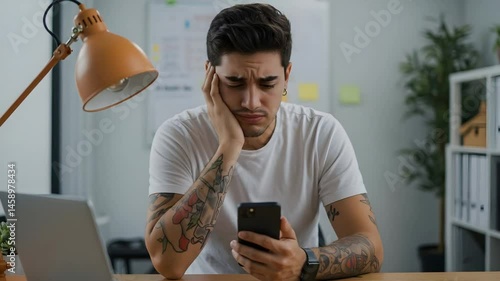 Young Man Checking Smartphone with Thoughtful Expression