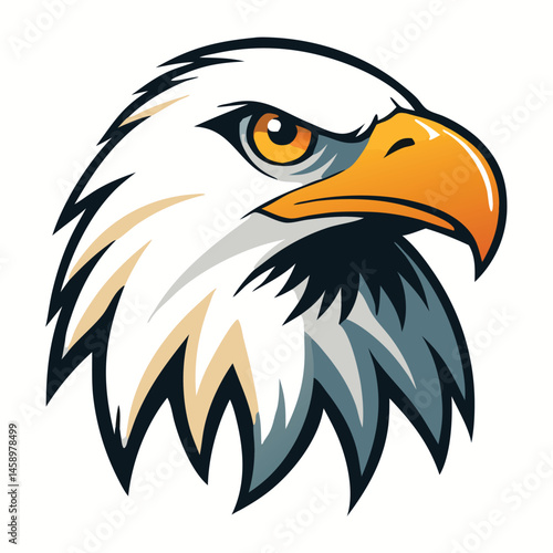 Fierce eagle portrait shows its powerful head and golden eye looking forward with focus