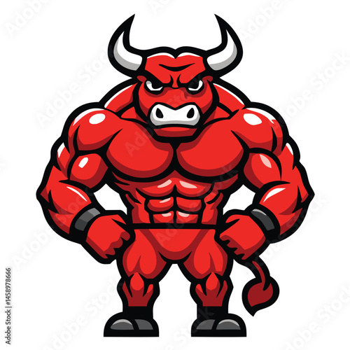 A strong red bull character stands with hands on hips looking forward powerfully