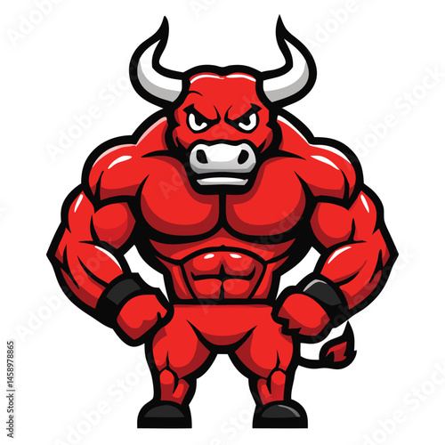 Ferocious red bull mascot displays muscular physique and imposing horns with stern expression