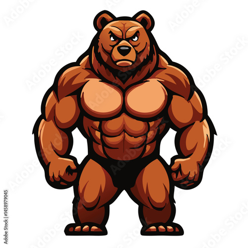Muscular brown bear fiercely glares outward, showcasing powerful physique with imposing strength and determination