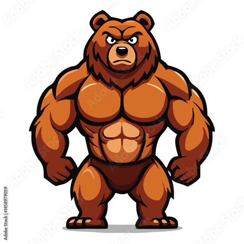 Muscular brown bear stares intensely, flaunting enormous biceps and powerful physique on the white backdrop