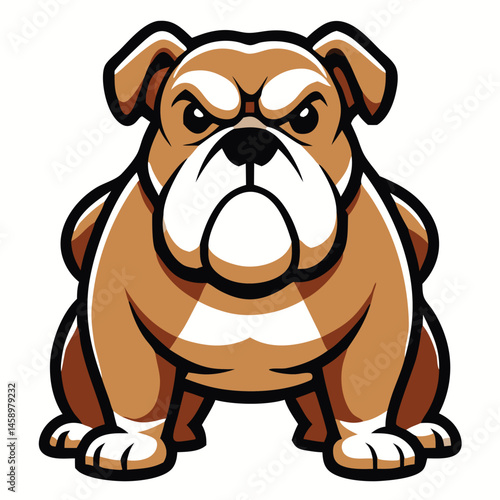 Cartoon bulldog fiercely stands looking straight ahead with a determined stance and confident expression