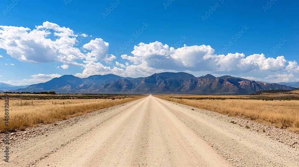 A long, straight dirt road stretches towards a majestic mountain range under a vibrant blue sky dotted with fluffy cumulus clouds, creating a scenic landscape. : Generative AI A long, straight dirt road stretches towards a majestic mountain range under a vibrant blue sky dotted with fluffy cumulus clouds, creating a scenic landscape. : Generative AI