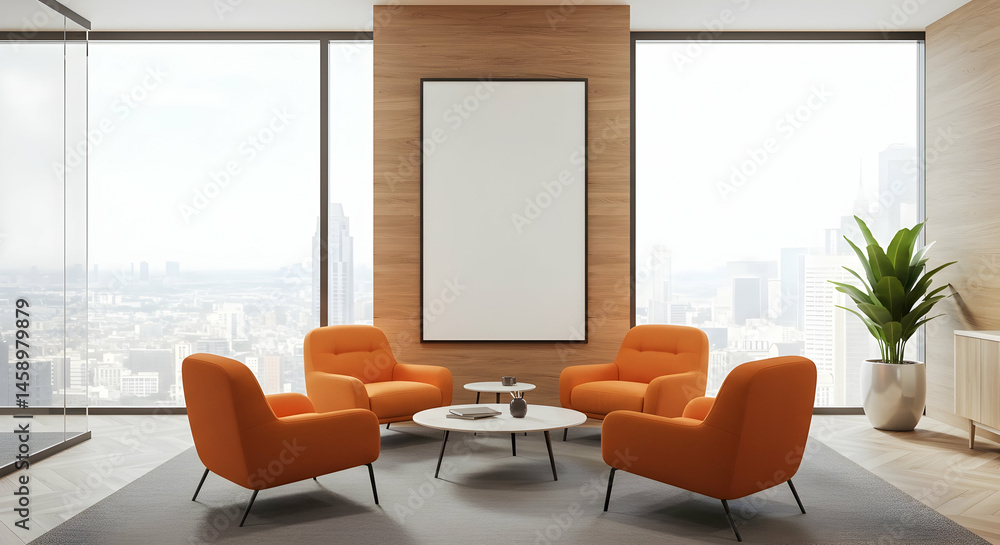 Fototapeta premium Modern office lounge area with orange armchairs coffee tables and blank vertical poster on wooden wall mockup 3D rendering
