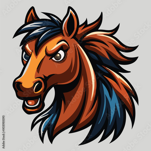 Animated horse head features an intense gaze and a vibrant mane with dark accents