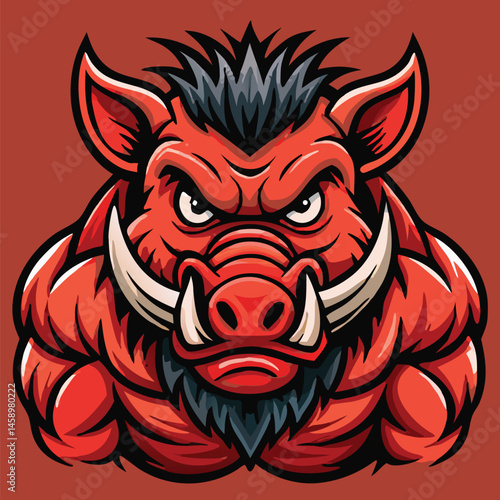 Intimidating red wild boar sports large tusks and exhibits muscular physique on solid backdrop