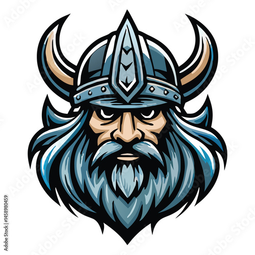Stern Viking warrior face peers intensely from beneath his horned helmet in art
