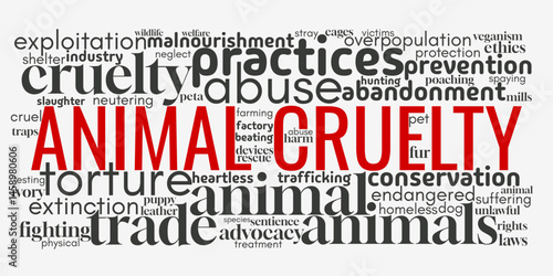 Word cloud centered on "Animal Cruelty", featuring terms about animal rights, abuse prevention, and ethical treatment. Perfect for advocacy, awareness, and animal protection-themed visuals