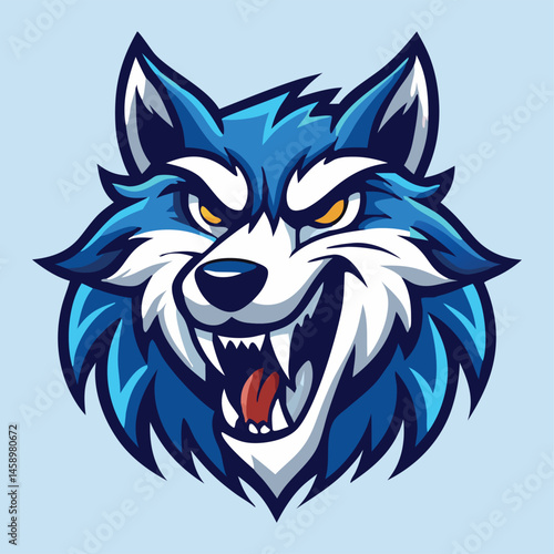 Ferocious blue wolf with bared teeth shows great intensity in its animated eyes
