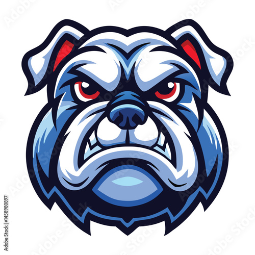 A stern blue bulldog mascot glares intensely with piercing red eyes on a white backdrop