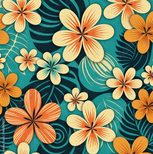 Hawaiian flowers. Oil painting. Pattern for printing on wall decorations, covers, leaflets, business cards