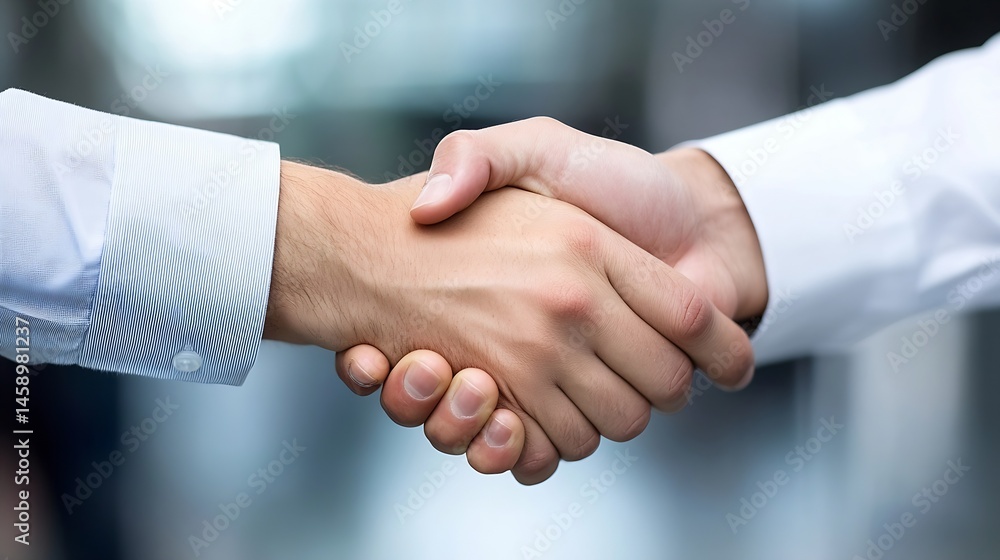 Close-up shot of two men shaking hands, signifying a business deal or partnership agreement. The image focuses on the detail of the handshake, emphasizing trust and collaboration. : Generative AI Close-up shot of two men shaking hands, signifying a business deal or partnership agreement. The image focuses on the detail of the handshake, emphasizing trust and collaboration. : Generative AI