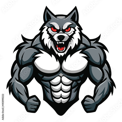 Aggressive gray wolf creature displays formidable muscular physique, conveying fierce strength and primal intensity