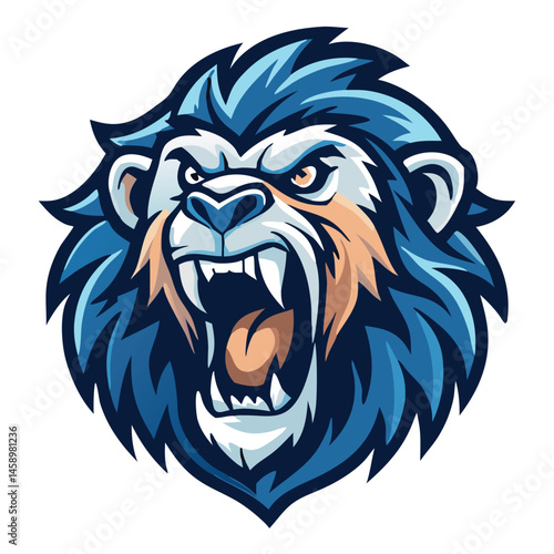 Cartoonish blue lion head with sharp teeth roars fiercely showing determination and anger