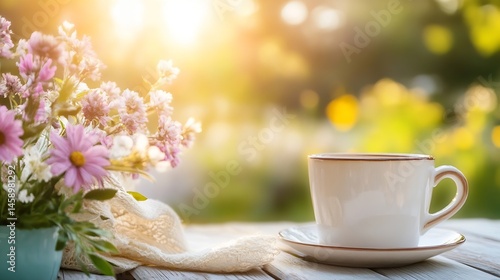 A serene morning scene featuring a cup of tea or coffee on a rustic wooden table, accompanied by a bouquet of delicate pink and white flowers and a lace cloth, bathed in warm sunlight. : Generative AI