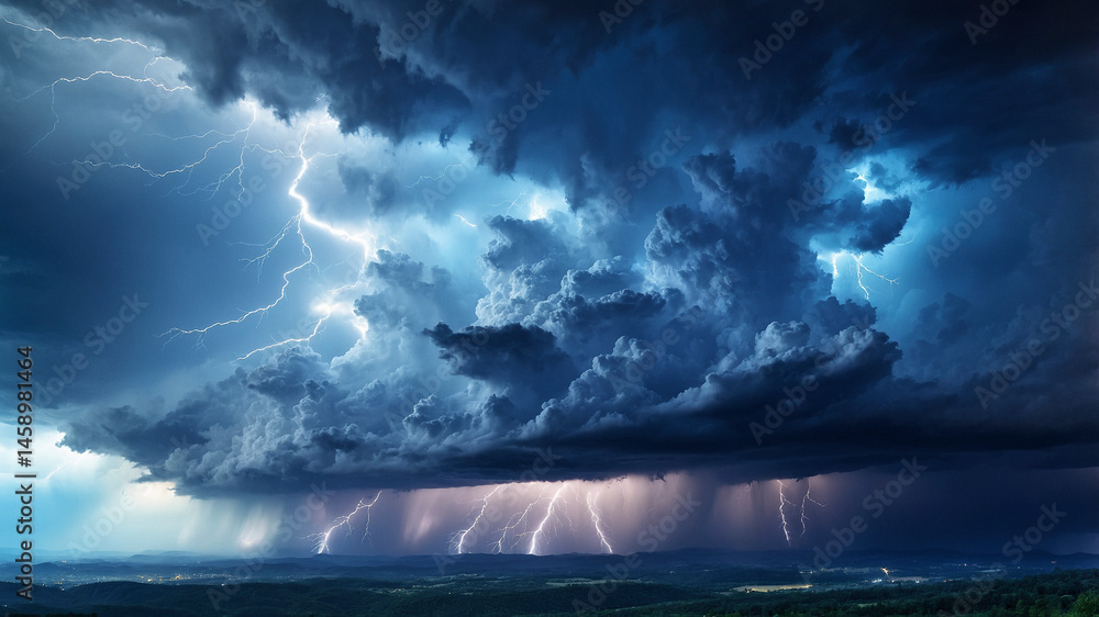 Fototapeta premium Massive Thunderstorm with Lightning Strikes Over City at Night