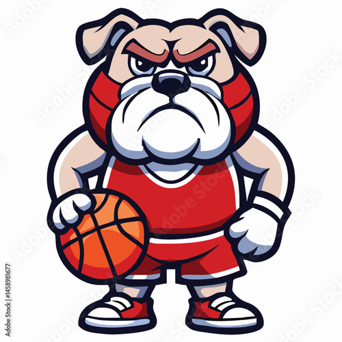 Cartoon bulldog athlete intensely grips basketball while wearing a sporty red uniform confidently