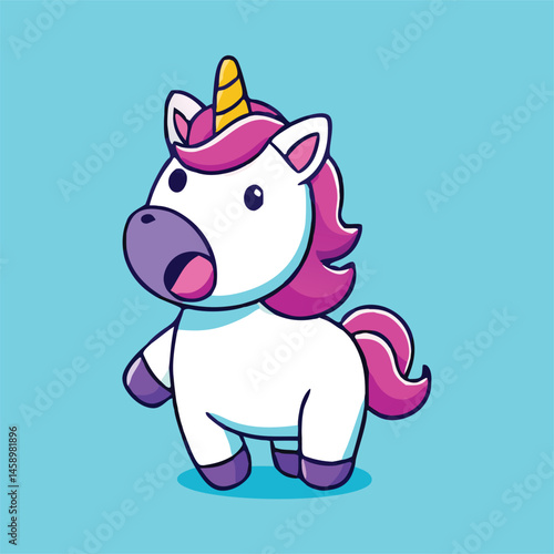 A cheerful cartoon unicorn with pink hair and golden horn stands facing forward