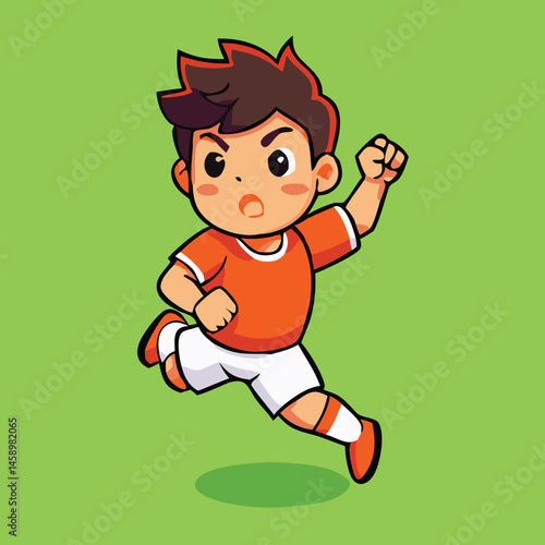 Cartoon boy sprints, his fist raised, expressing triumph against the simple green background