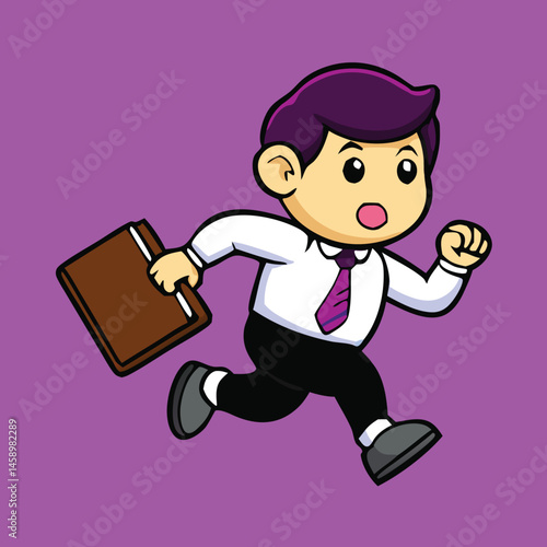 Cartoon businessman with briefcase runs quickly on a purple background, showing urgency