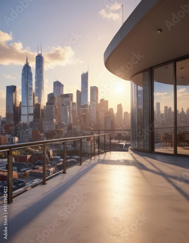 Sun-drenched penthouse, city skyline panorama, real estate, floor-to-ceiling windows, condo