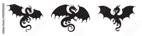 Tribal dragon or mythical creature black silhouette vector set on a white background