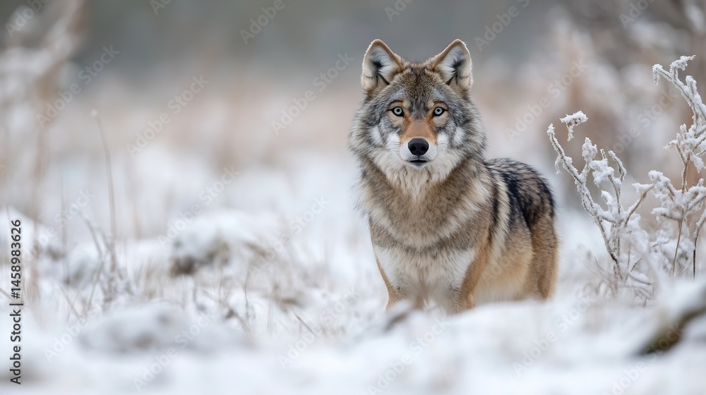 Obraz premium Majestic gray wolf standing in a snowy winter landscape, its piercing gaze captivating against a blurred background of frosty plants. : Generative AI