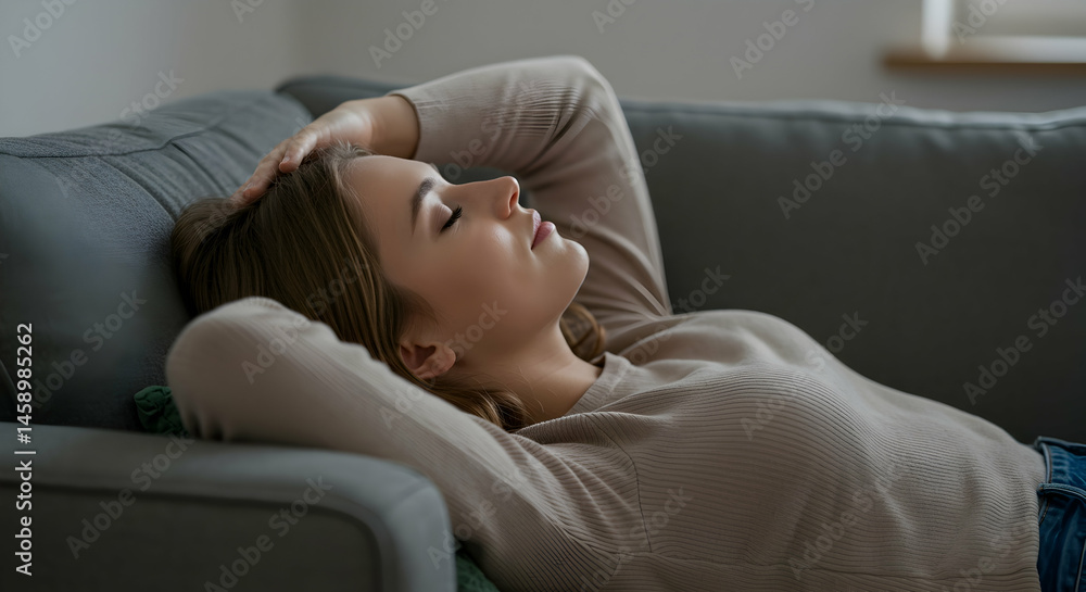 Serene woman relaxes on comfortable sofa finding peace and tranquility in quiet moment of mindfulness at home Serene woman relaxes on comfortable sofa finding peace and tranquility in quiet moment of mindfulness at home